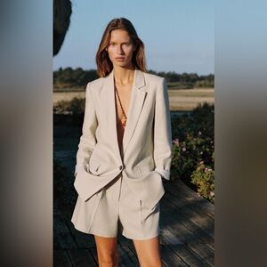 Zara One Button Relaxed Fit Blazer Stone Gray Lyocell , size XL